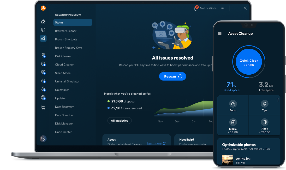 Laptop and mobile phone displaying Avast Cleanup