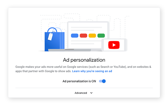 Desactivar personalización de anuncios en la página Configuración de anuncios.