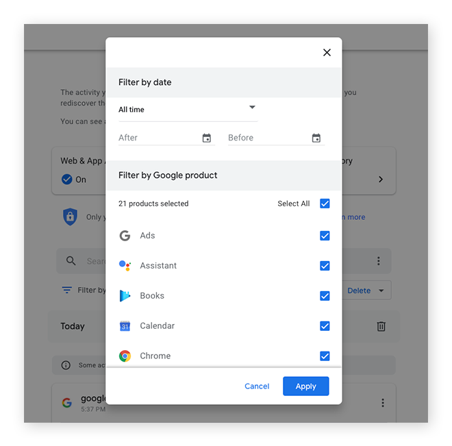 Exclua sua atividade do Google com base no intervalo de datas ou no produto.