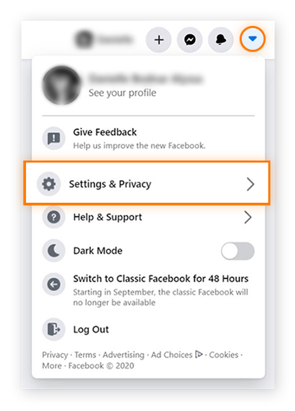 Screenshot des Dropdown-Menüs auf der Facebook-Startseite mit „Einstellungen und Privatsphäre“