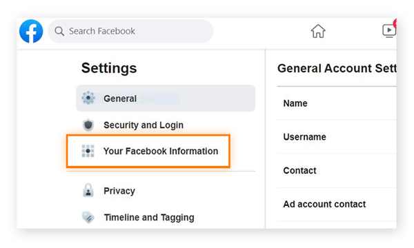 Capture d’écran d’une partie de la page des Paramètres de Facebook, avec Vos informations Facebook en surbrillance