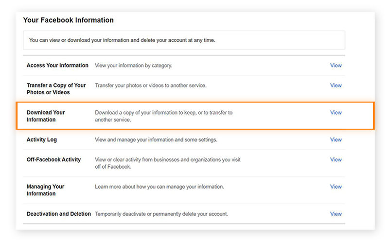 Texte de remplacement : Capture d’écran de la page Vos informations Facebook dans les paramètres de Facebook, avec Télécharger vos informations