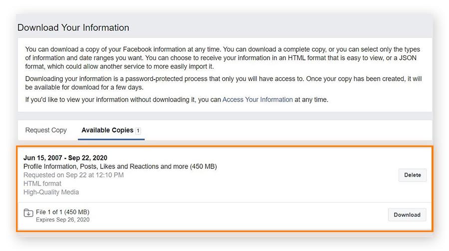 Capture d’écran de la page Télécharger vos informations, avec l’onglet Copies disponibles qui vous présente les données Facebook prêtes à être téléchargées