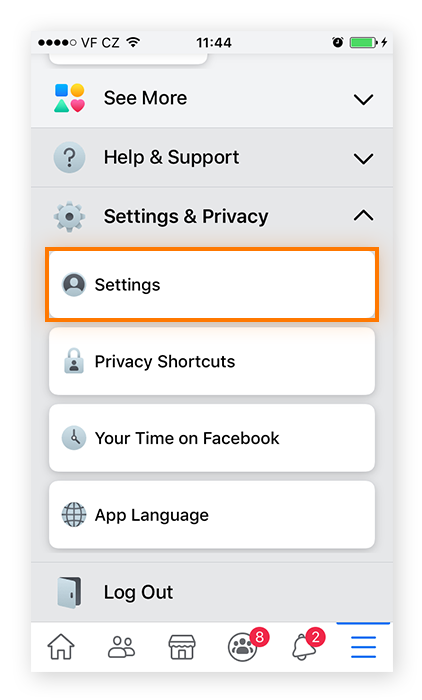 Menu Paramètres et confidentialité de Facebook sur mobile, avec Paramètres