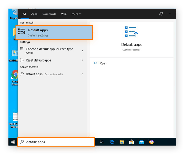 Buscar la configuración del sistema de Aplicaciones predeterminadas desde el menú Inicio de Windows 10