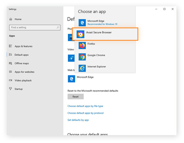 Festlegen des Avast Secure Browser als Standardbrowser in Windows 10