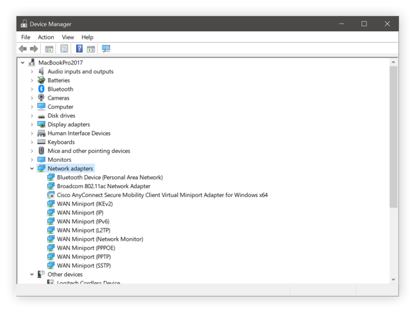 Device Manager showing all network adapter drivers