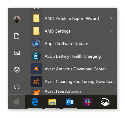 Start menu settings item