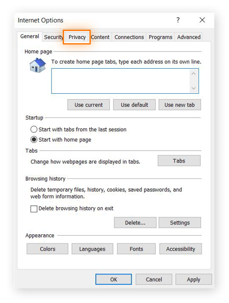 Screenshot des Dialogfensters „Internetoptionen“ mit hervorgehobener Registerkarte „Datenschutz“