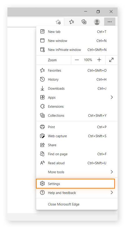 Screenshot des MS Edge-Benutzermenüs, in dem die Option „Einstellungen“ hervorgehoben ist