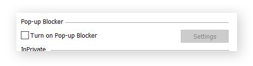Screenshot der Option „Popupblocker“, wobei das deaktivierte Kontrollkästchen „Popupblocker einschalten“ hervorgehoben ist