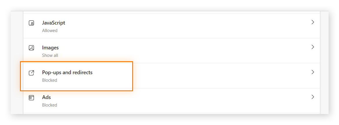 Screenshot des MS Edge-Menüs „Cookies und Websiteberechtigungen“, in dem „Popups und Umleitungen“ hervorgehoben ist