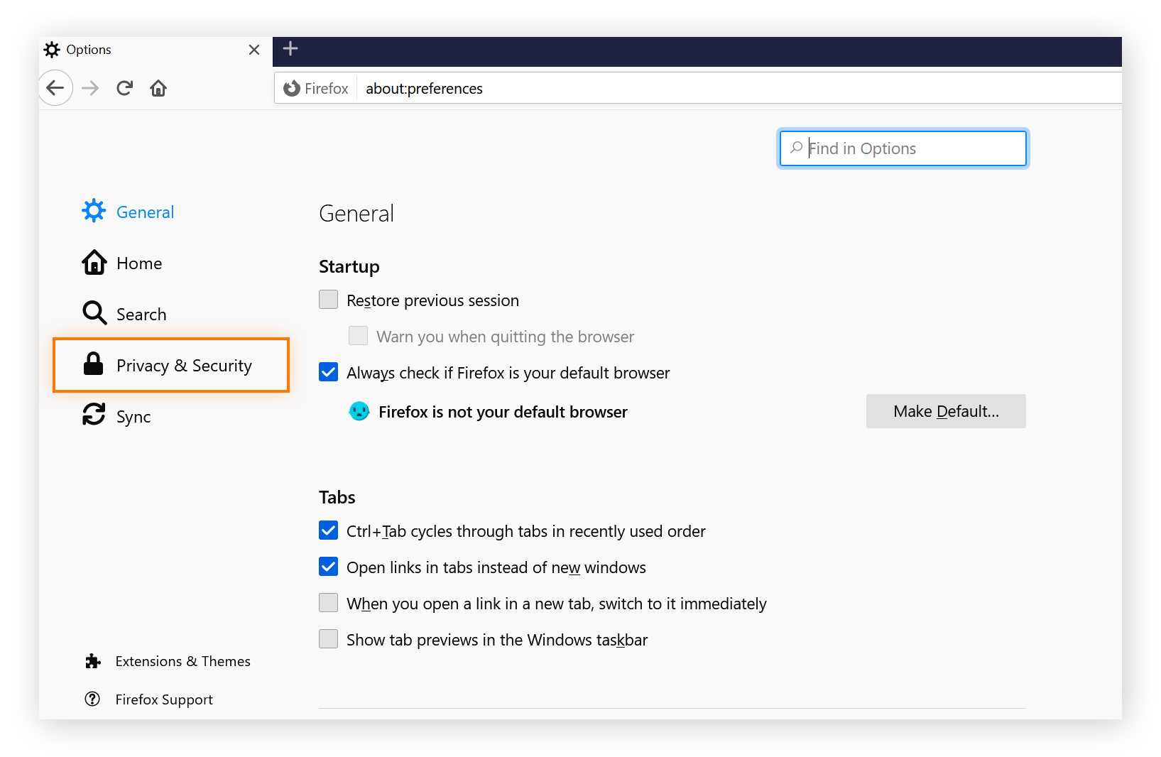 Mozilla Firefox browser settings page with Privacy and Security chosen from the menu options on the left-hand side.