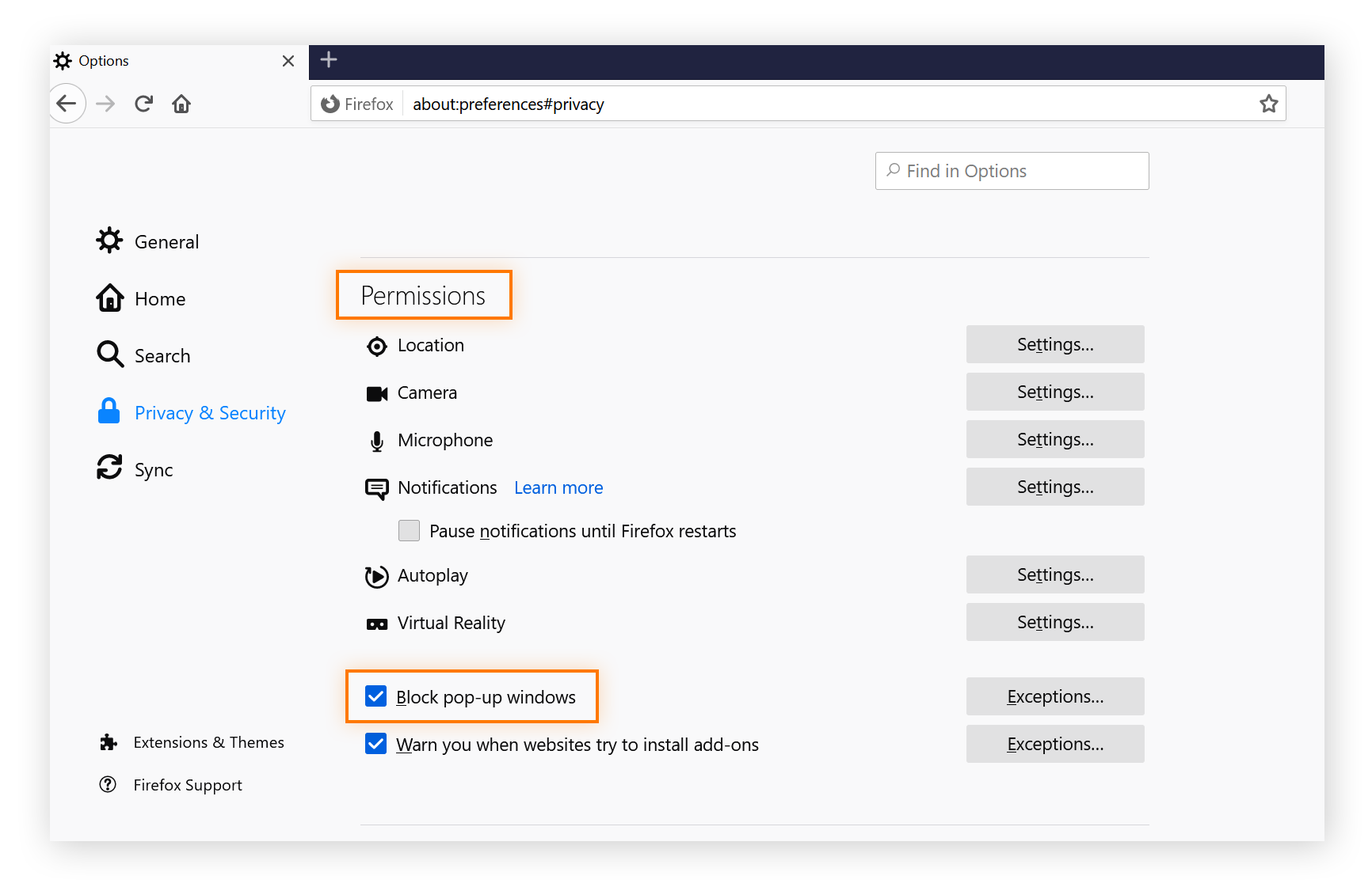 Mozilla Firefox browser settings with Permissions section shown and block pop-up windows setting highlighted. The box next to this setting is checked, indicating that it is enabled.