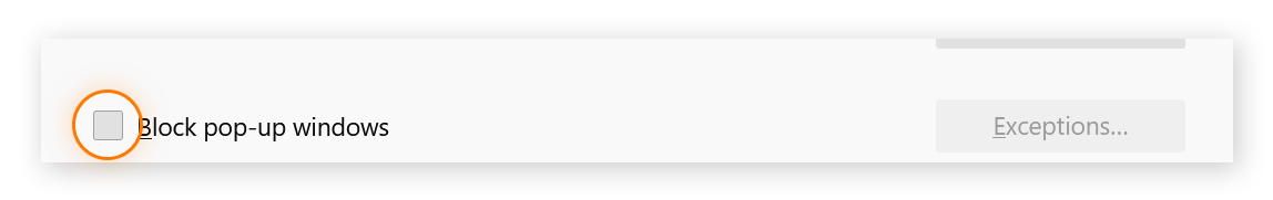 Block pop-up windows setting shown with un-checked box next to it, indicating that the setting is not enabled.