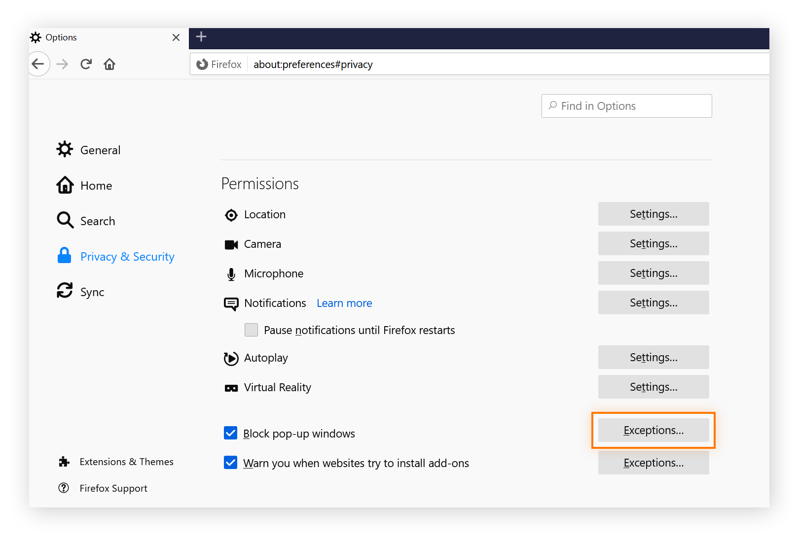 Mozilla Firefox Permissions settings shown from menu. Button that says Exceptions next to block pop-up windows setting is highlighted.