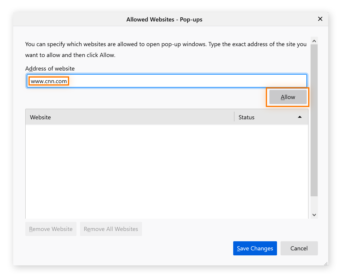 window that appears after clicking the Exceptions button. This window has an address bar where you can type of paste in the address of a website so that it can be marked as an Allowed website, or an exception. The URL for the CNN website is typed in the address bar and the Allow button below it is highlighted.