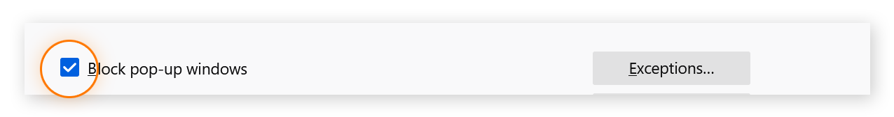 Block pop-up windows setting has check box next to it which is checked, indicating that the feature is enabled.