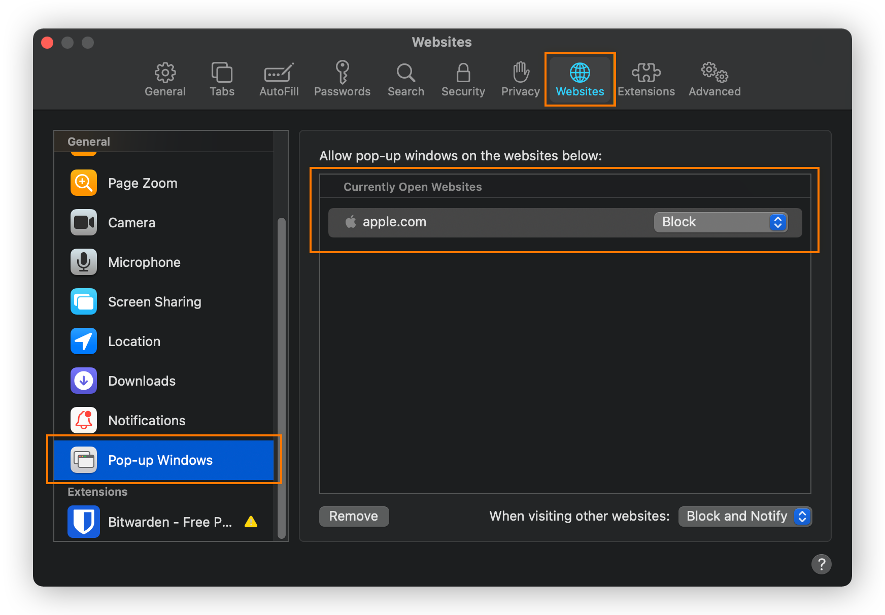 Bloqueando janelas pop-up para sites atualmente aberto na guia Sites nas preferências do Safari