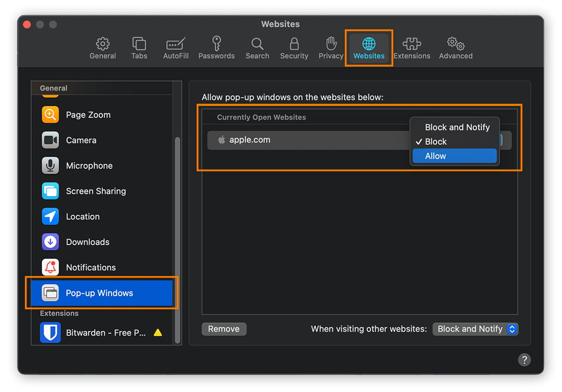 Permitindo janelas pop-up em sites abertos no momento no Safari