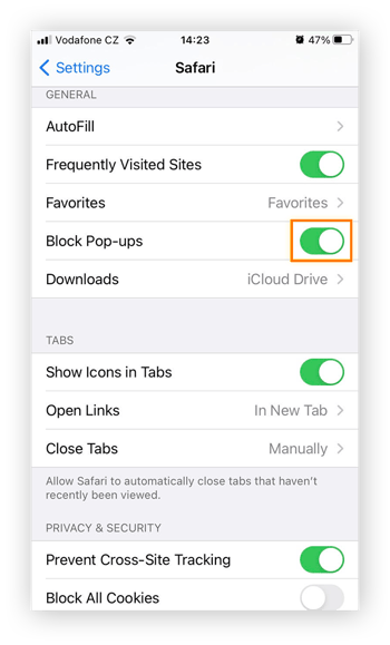 Destacando o botão “Bloquear pop-ups” na posição ligado em Safari nas configurações móveis da Apple