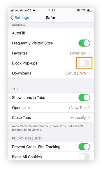 Destacando o botão “Bloquear pop-ups” na posição desligado nas configurações móveis da Apple