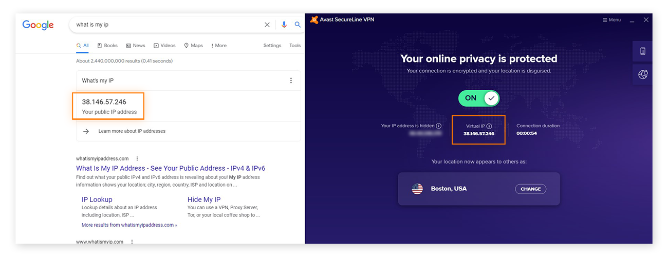 Vérifications de votre adresse IP virtuelle dans le VPN Avast SecureLine par rapport à votre adresse IP publique dans une recherche Google