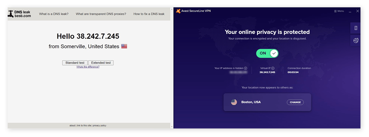 Comprobar su dirección IP virtual y la protección de DNS con Avast SecureLine VPN en DNSLeakTest