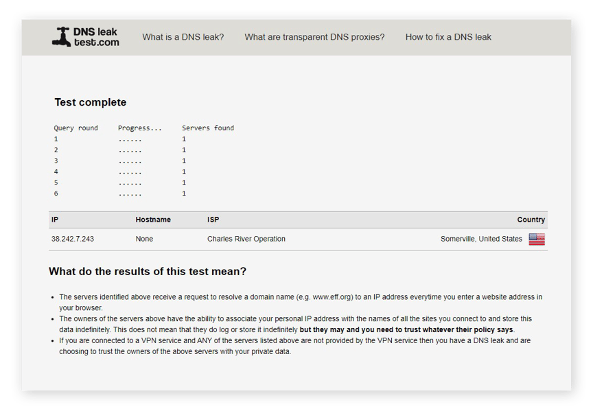 Test étendu du DNS sur DNSLeakTest