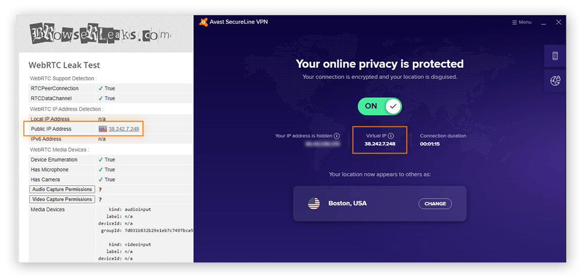 Verificando vazamentos de WebRTC com o BrowserLeaks ao usar o Avast SecureLine VPN