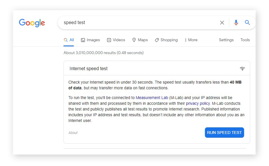 O teste de velocidade da internet do Google nos resultados da pesquisa para “teste de velocidade”