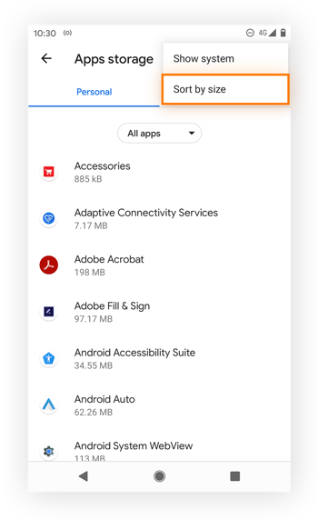 Sorting apps by size to see which take up the most storage space in Android 11.