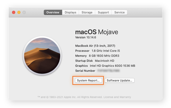 A UI do relatório do sistema para o menu Sobre este Mac.