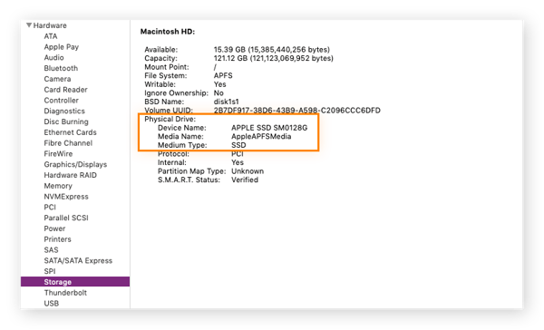 Information about storage drive type on a Mac.