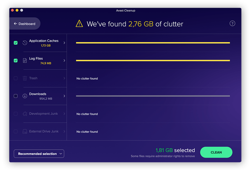 Avast Cleanup räumt Ihre Festplatte auf, um Speicherplatz freizugeben.