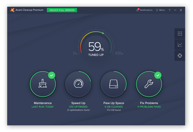 O painel do Avast Cleanup mostrando as ferramentas Manutenção, Acelerador, Liberação de Espaço e Corrigir problemas.