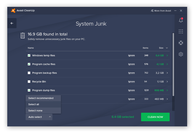 Das Verzeichnis „Systemdatenmüll“ von Avast Cleanup, das temporäre Dateien, Programm-Cache-Dateien, Sicherungsdateien und andere unnötige Elemente auflistet.