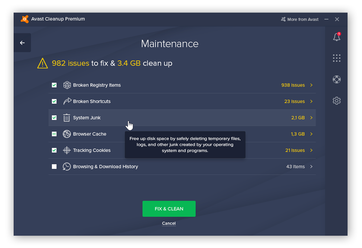 Das Avast Cleanup-Menü für die Wartung, mit dem Benutzer Systemdatenmüll und den Browser-Cache bereinigen und defekte Registrierungselemente reparieren können.