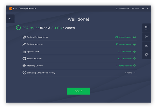 The Avast Cleanup post-maintenance report screen detailing hundreds of issues fixed, and gigabytes of junk data cleared from the hard drive.