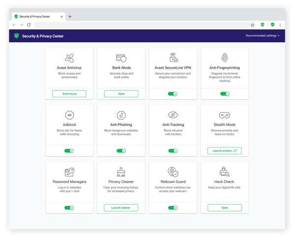 Im Sicherheits- und Datenschutz-Center von Avast Secure Browser befinden sich Optionen zum Blockieren von Werbung, Tracking, Hackern usw.