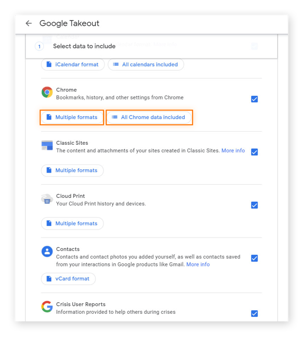 With Google Takeout, you can see which formats your data will be in and fine-tune the items you want to download.