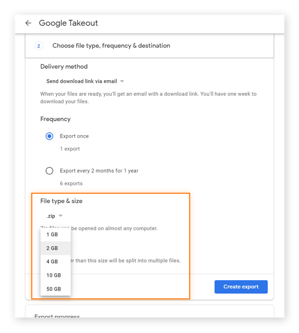 Seleccione el formato de archivo que desea usar para la exportación de datos de Google Takeout y el tamaño máximo de cada archivo.