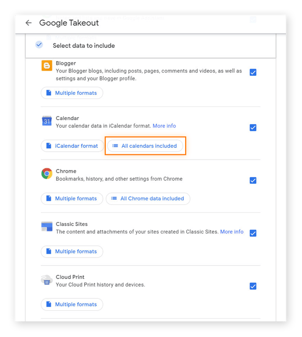 Texto alternativo: Seleccione los calendarios cuyos datos desea exportar en Google Calendar o descárguelos todos.