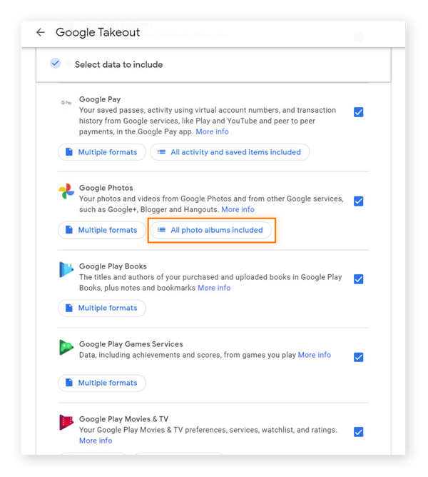 Seleccione los álbumes de Google Fotos cuyos contenidos desea descargar como parte del archivo, o descargue todos los álbumes.