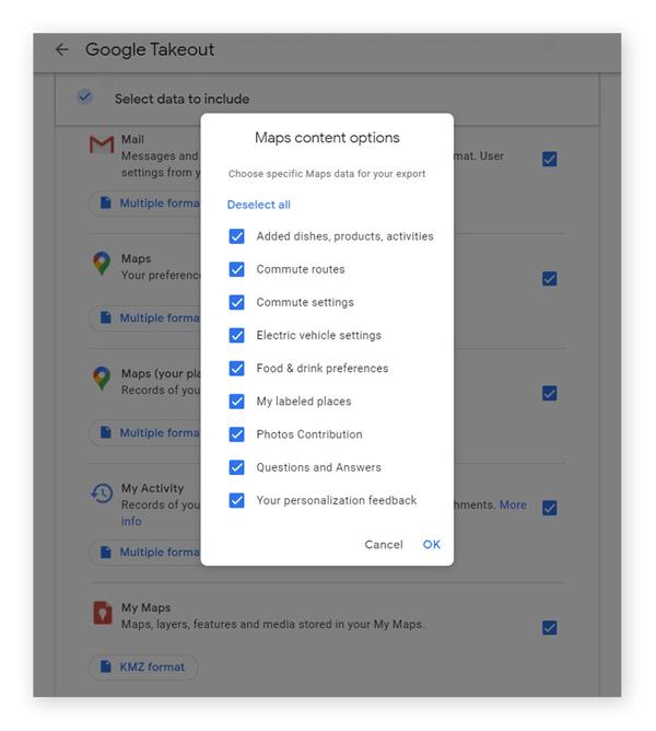 Select from a number of options for what kind of data to download from Google Maps, including items added, commute routes, food and drink preferences, and more.