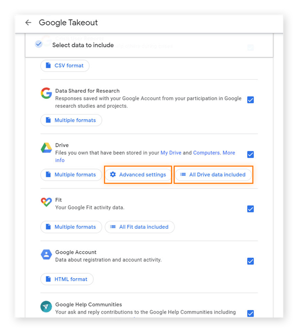 Seleccione entre diversas opciones para decidir los archivos y las carpetas que desea descargar de Google Drive.