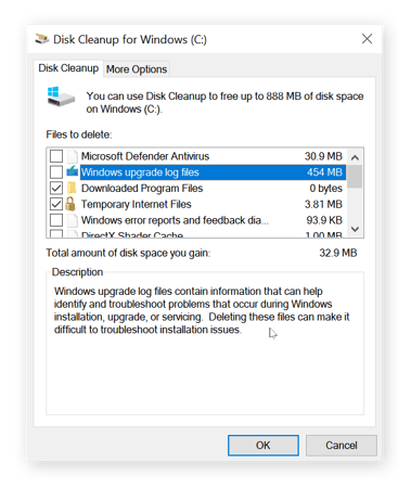 Vue de Nettoyage de disque après avoir cliqué sur Nettoyer les fichiers système