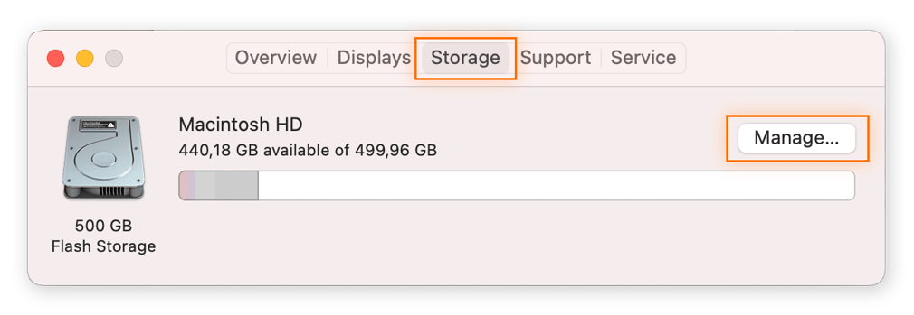 Ouverture et consultation des paramètres de stockage dans macOS Catalina.