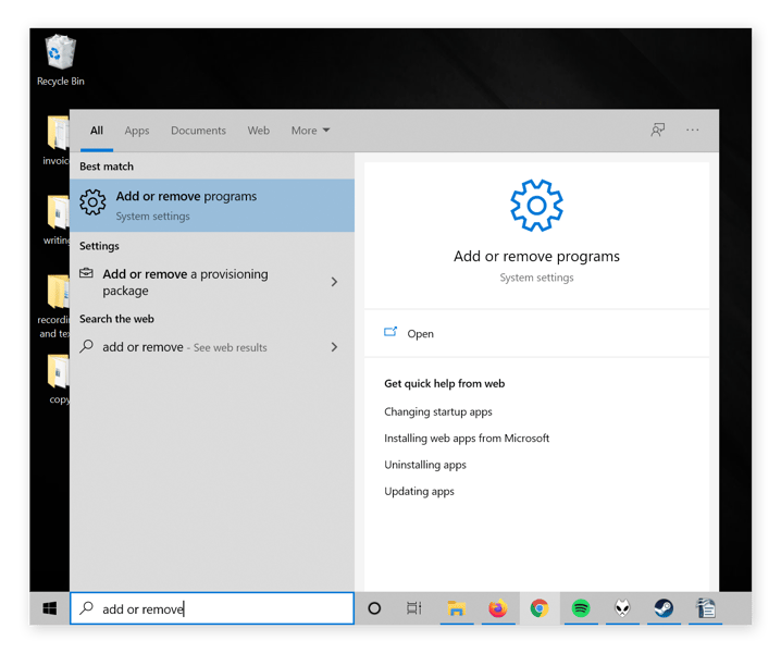 Menu Démarrer de Windows avec l’application Ajouter ou supprimer des programmes