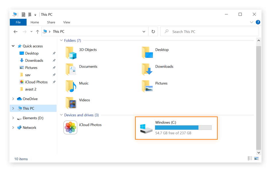 Eine Übersicht über „Dieser PC“ im Windows-Explorer mit hervorgehobenem Windows-Laufwerk C.